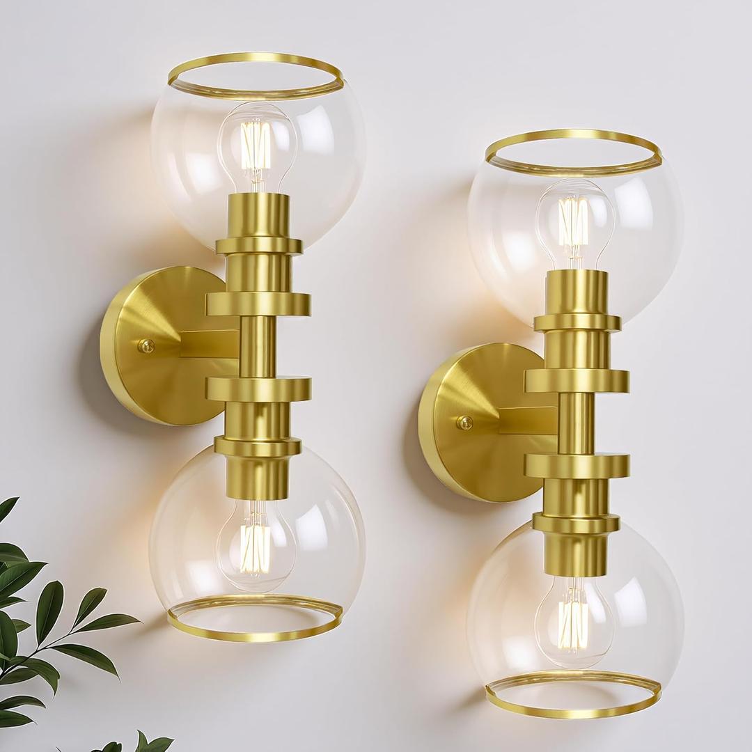 Bathroom Sconces Set of Two, Brushed Gold Wall Sconces with Clear Glass, Hardwired Modern Sconces Wall Decor Set of 2, Wall Light Fixtures for Bathroom Living Room Mirror Hallway Bedroom