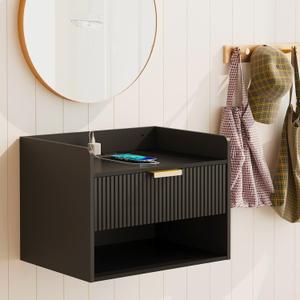 Arbuxzuy Floating Nightstand with Charging Station, Modern Wall Mounted Bedside Table with Drawer & Open Shelf, Minimalist Wooden Night Stand for Bedroom (Black)