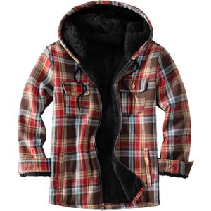Men's Flannel Plaid Hooded Jackets Full Zip Sherpa Fleece Lined Hoodies Fashion Warm Coat (X-Large, Red Brown Blue)