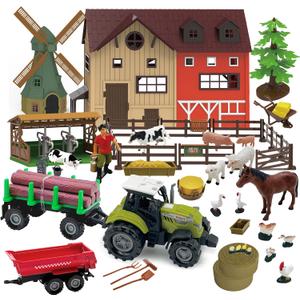 136PCS Farm Animals Toys Set Comes with Barn, Tractor Trailer, Milking shed, Windmill, Farmer, Fence - Playset for Kids Toddlers Boys Girls 5+ Years Old