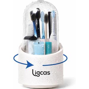Toothbrush Holder with Cover, Dustproof Toothbrush Holder for Bathroom Sink, Vanity and Bathroom Storage Organizer, Rotating Bathroom Counter Organizer (White)