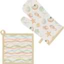 Boston International Cotton Pot Holder & Oven Mitt, Marine Life/Watercolor Wave, 7.5" and 8" x 13"