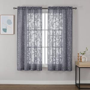OVZME Grey Sheer Curtains 63 inches Long 2 Panels for Living Room, Jacquard Clip Leaf Pattern Textured Light Filtering Window Semi Sheer Voile Drapes for Bedroom, Each Panel 42 x 63 Inch