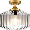 Semi Flush Mount Ceiling Light with 11.02" Clear Seeded Glass Shade, E26 Base Gold Mid Century Chandelier Farmhouse Light Fixture for Hallway Bathroom Entryway