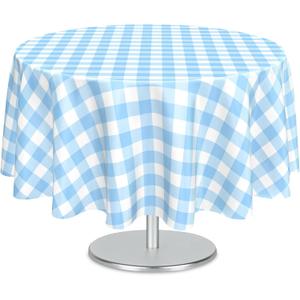 Mulbozy 2 Pcs Light Blue Gingham Round Tablecloth, 84 inches Disposable Plastic Light Blue and White Checkered Circle Table Covers for Baby Shower Wedding Bridal Shower Birthday Party Decorations