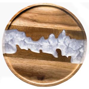 Comfify Visually Stunning Pearl White Resin + Acacia Wood Serving Tray - Modern Round 12" Serving Tray for Food, Breakfast in Bed, Coffee Table, Decor, Organization, Snacks, Patio, Lap Tray (11.8")