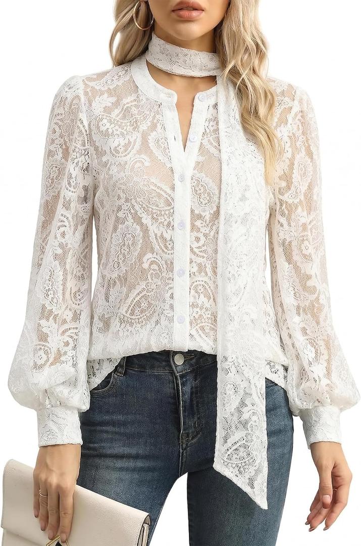 Lingswallow Womens Lace Blouses Puff Long Sleeve Button Down Lace Tops with Removable Tie Neck Lace Shirt for Work & Casual (White, M)