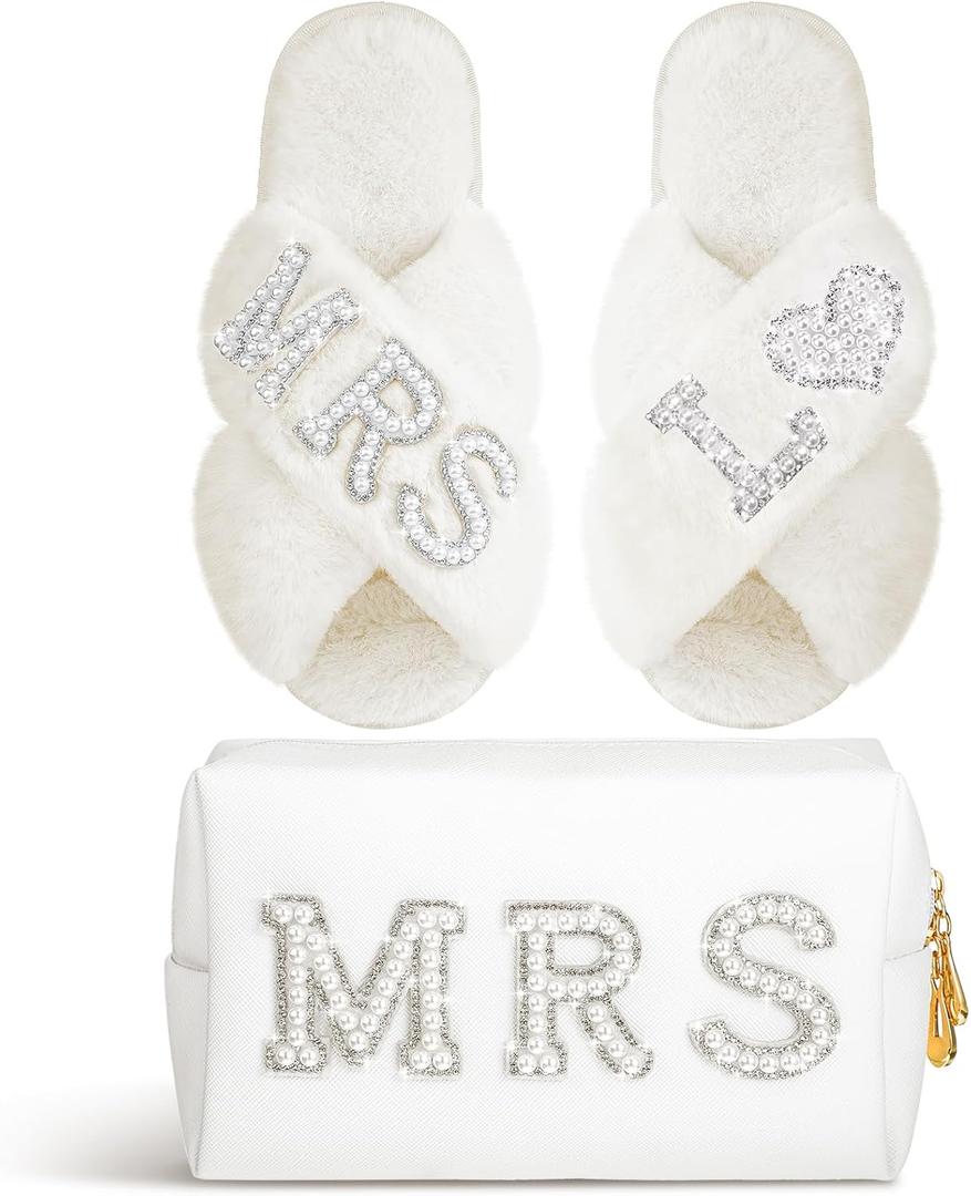 Xtinmee Personalized Initial Wedding Bride Slippers MRS Pearl Letter Makeup Bag Bridal Shower Gifts for Wedding Day (L)