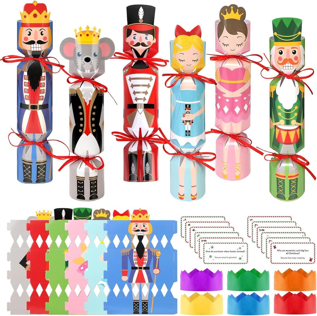 DPKOW 12 Pack Nutcracker Christmas Crackers Gifts Boxes with Hats Riddle Cards(Non-Snap), DIY Christmas Crackers with Prizes, Holiday Cracker Xmas Gifts Nutcracker Treats Boxes Party Table Cracker