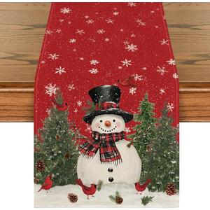 Artoid Mode Snowman Christmas Birds Trees Table Runner, Seasonal Winter Xmas Holiday Kitchen Dining Table Decoration for Indoor Outdoor Home Party Decor 13 x 108 Inch (Red)