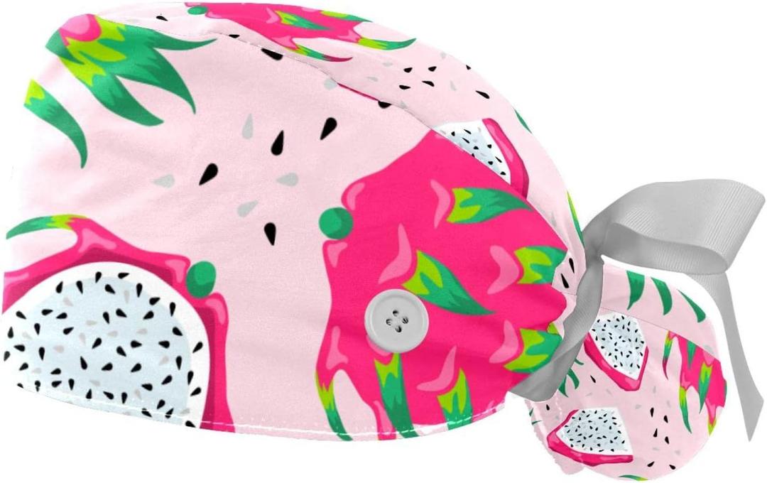 FFLOWER Aesthetic Pink Dragon Fruit Working Caps with Buttons, Long Hair Scrub Hats Ponytail Holder for Women, Multicoloured 02