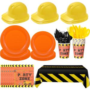 Sratte 37 Pcs Construction Birthday Party Supplies Set for 6 Guests, Disposable Kids Construction Party Tableware Supplies Set, Including Hat, Plates, Napkin, Tablecloths, Cup, Knives Fork and Spoon