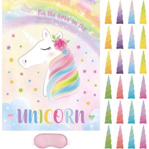 WERNNSAI Pin The Horn On The Unicorn - Unicorn Birthday Decorations 21'' X 28'' Birthday Party Game with 24 Pcs Horns Stickers for Kids School Classroom Activities