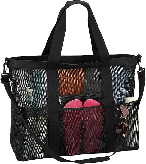 Mesh Beach Bag for Women, Sand-Resistant Pool Tote, 9 Pockets (1 Inner Zip), Foldable Family Travel Essentials, Black