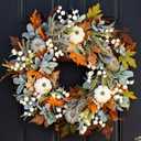 13.78 inch Farmhouse Fall Wreath Decor for Front Door with White Green Pumpkins,Autumn Fall Eucalyptus Wreath with Maple Leaves,Harvest Door Wreath for Autumn or Thanksgiving Decorations