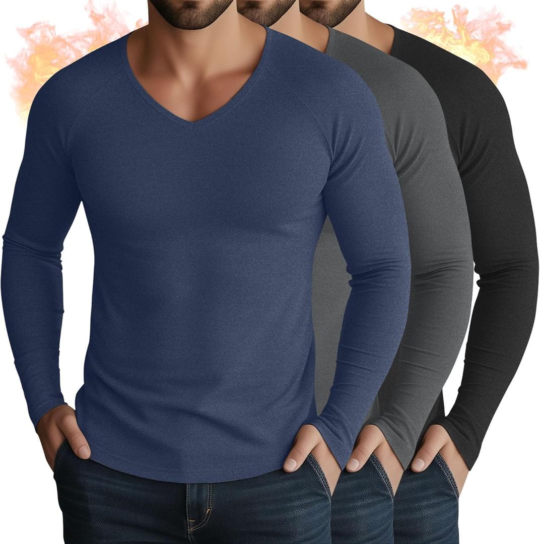 3 Pack Men's Thermal Shirts Big and Tall Fleece Lined Long Sleeve V Neck Base Layer Raglan Curved Hem Warm Tops (XXL)