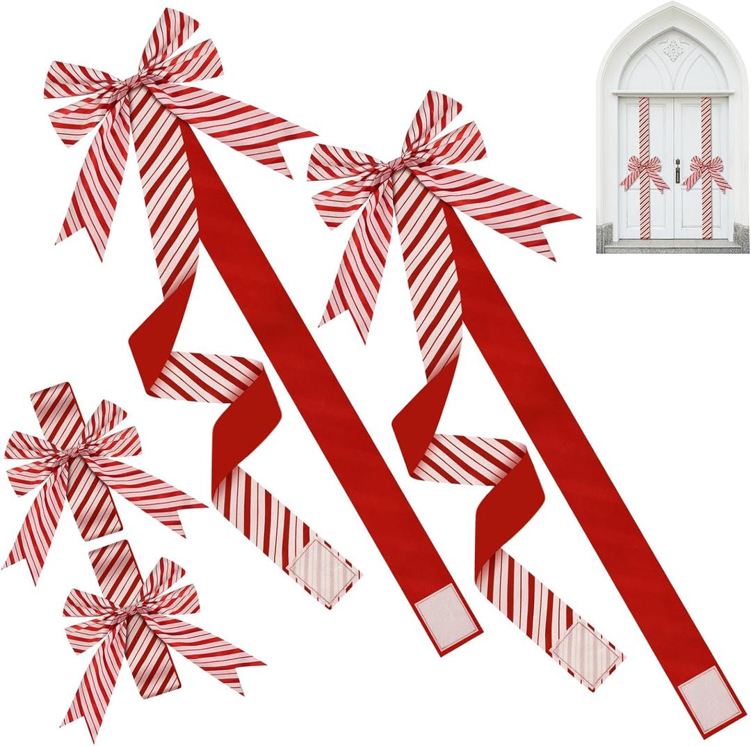 8 Pcs Large Christmas Cabinet Door Bows and Ribbons 78 Inch Christmas Door Cabinet Bows for Gifts Xmas Holiday Furniture Kitchen Party Decorations (Red, White)