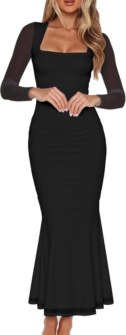 BORIFLORS Women's Ruched Bodycon Long Sleeve Maxi Dress Mesh Square Neck Cocktail Party Long Dresses (Medium, Black)