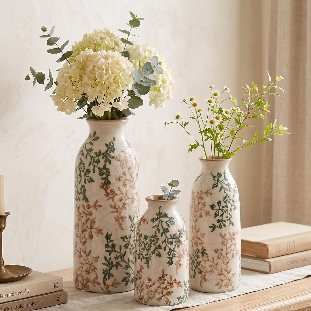 Vintage Ceramic Vase Set of 3 – Decorative Home Accents for Living Room, French Country Farmhouse Pottery Decor, Chinoiserie, Vintage Style Decor, Wide for Coffee Table, Mantle, Dining Table (Blue)