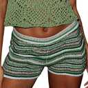 Yimoon Women's Y2K Striped Crochet Knit Shorts Rainbow Color Block Elastic High Waisted Comfy Lounge Mini Shorts (Green-S)
