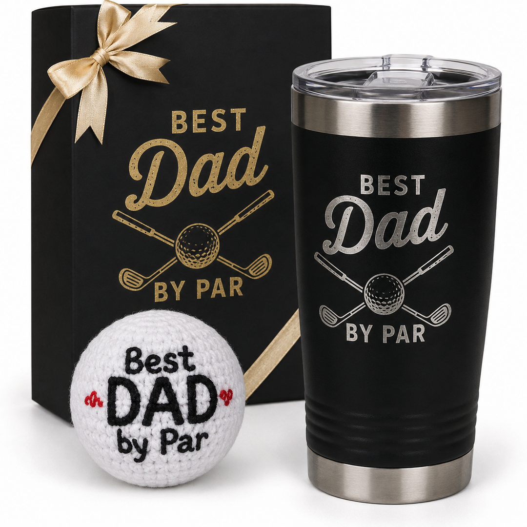 Roshtia Christmas Golf Best Dad by Par Handmade Knitted Crochet Golf Ball & 20oz Stainless Steel Tumbler Present Set Funny Birthday Gifts for Men Golfers Daddy Father Papa