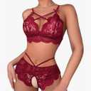 Lilosy Sexy Crotchless Strappy Women Floral Lace High Waist Pajamas Lingerie Set,S