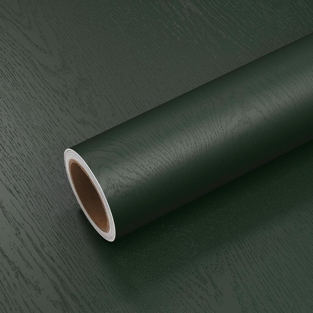 VEELIKE Thick Dark Green Wood Contact Paper Peel and Stick Waterproof Wood Grain Wallpaper for Countertops Table Cabinets 24''x118'' Self Adhesive Removable Wooden Vinyl Wrap for Kitchen Bathroom
