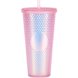 Studded Tumbler With Straw Tumblers With Lids And Straws Pink Tumbler With Straw Textured Cup BPA-Free Double-Wall Plastic Tumblers for Iced Coffee Cold Drinks or Water 24 Oz
