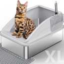 Stainless Steel Litter Box, Extra Large Litter Boxes for Big Cats, XL Metal Cat Litter Box with Lid, Anti-Urine Leakage, Non-Sticky, Include Cat Mat and Litter Scoop (Silver Gray)