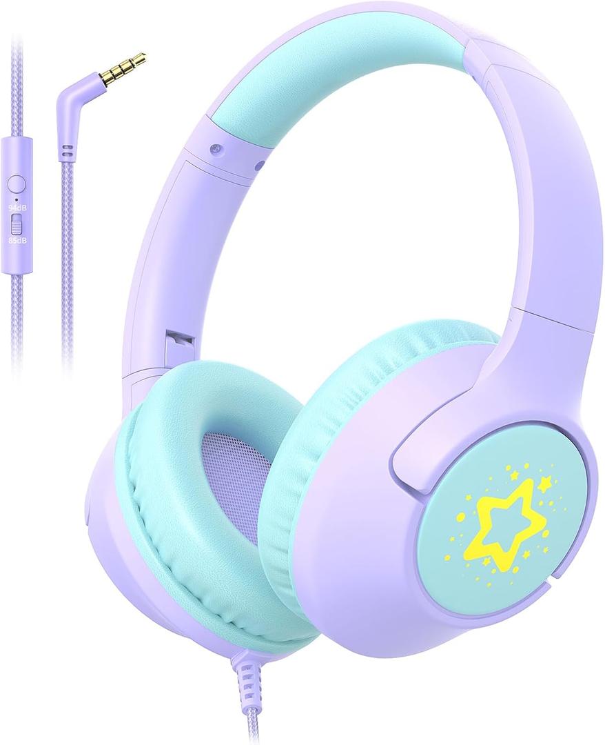 Kids Wired Headphones for School, 85/94 dB Volume Limit, Wired Over Ear Headphones for Girls Kids with Microphone, Foldable Stereo Sound 3.5mm Wire Cord for Kindle Tablet Airplane Travel, Purple