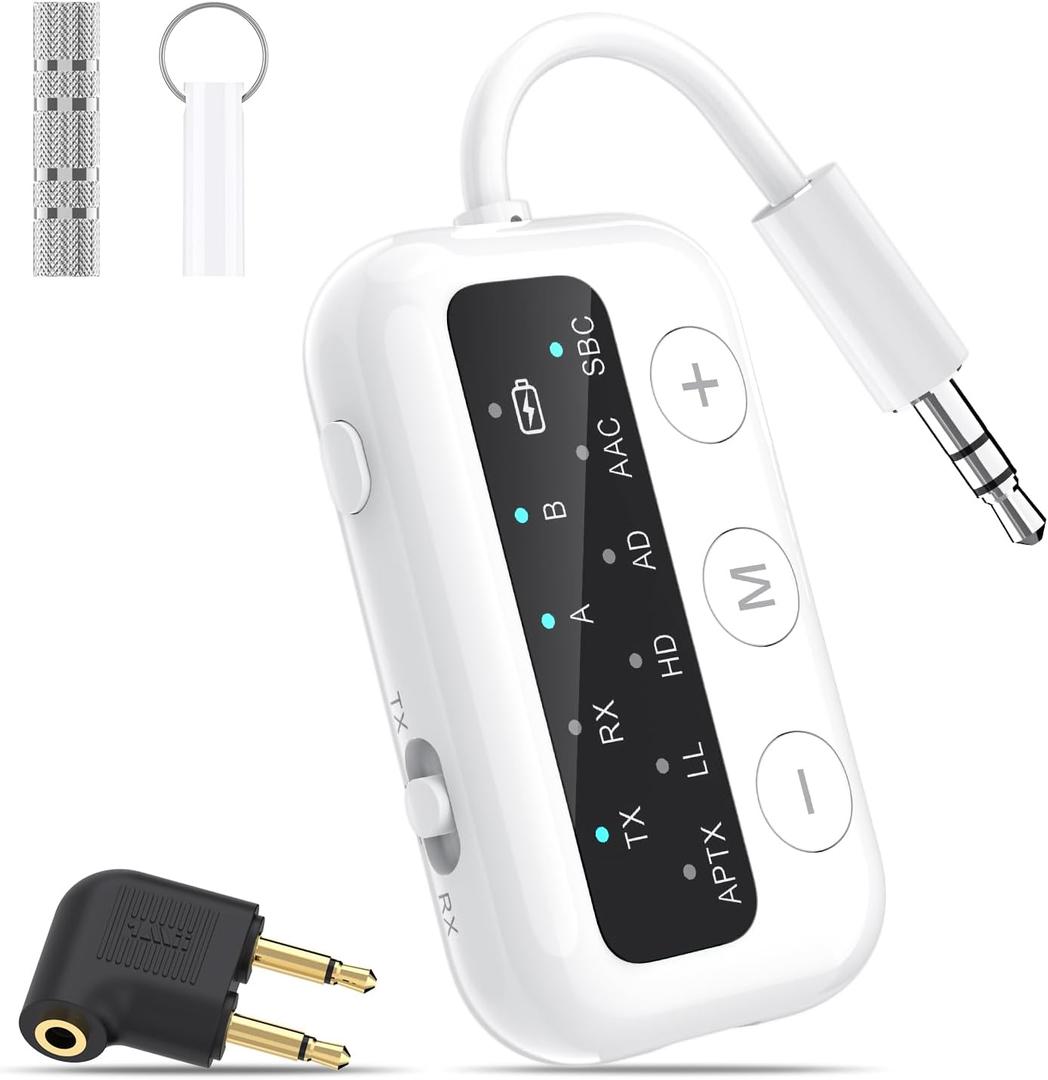 1Mii SafeFly Dot-Bluetooth 5.3 Transmitter Receiver for up 2 Headphones, AptX Low Latency/HD, Plane Travel Essentials, Wireless Audio Bluetooth Airplane Adapter for Flight, TV, Car, PC (White)
