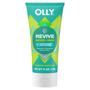 OLLY Revive Body Scrub with Magnesium, Electrolytes & Vitamin B12 Nourishing Cleanser for Skin Exfoliation, Barrier Repair, Refreshing Nerolidew Scent, 6 oz