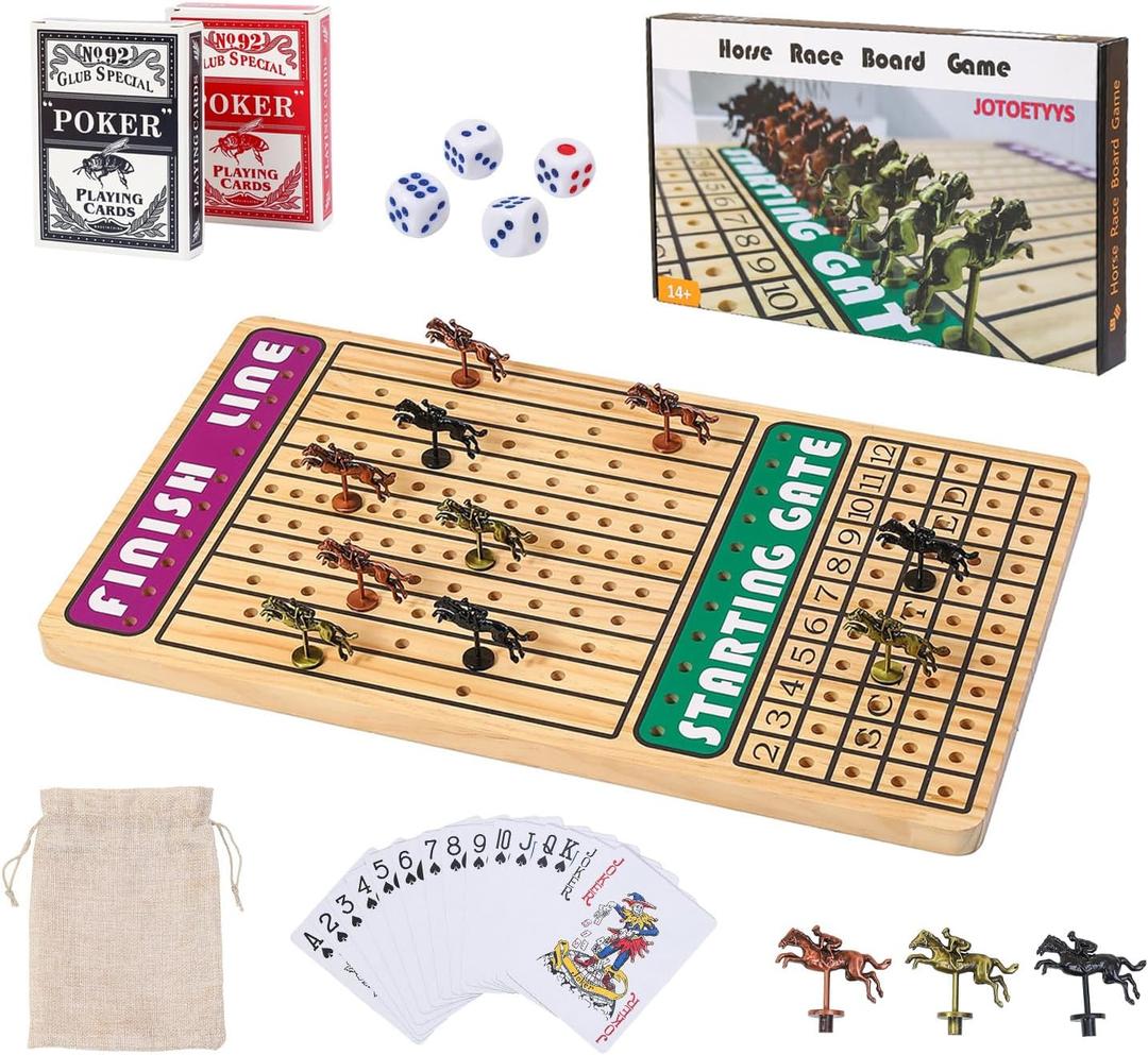 21 in Horse Race Board Game Racing Game Thickened Solid Wood with 11 Metal Horses, 2 Cards & 4 Dice, Horse Racing Game for 2-6 Players