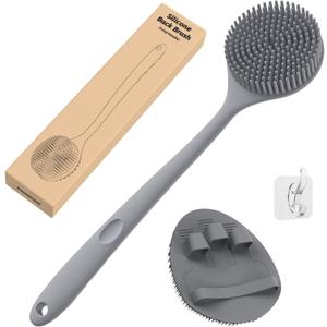 Manmihealth Silicone Back Scrubber(Thick Bristles) & Soft Bath Glove Set, Super-Exfoliating Body Scrubber & Super-Lathering Shower Brush Combination, with a Free Hook.(Gray)