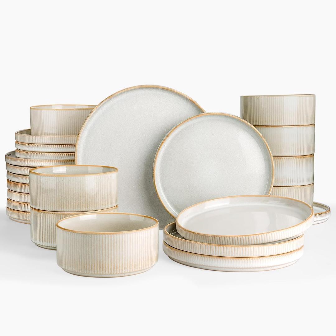 Famiware Star Plates and Bowls Sets, Modern Stoneware Dinnerware Sets for 8, 24-Piece Kitchen Dish Set - Microwave and Dishwasher Safe, Chip and Scratch Resistant, Cappuccino White Famiware Star Plates and Bowls Sets, Modern Stoneware Dinnerware Sets for 8, 24-Piece Kitchen Dish Set - Microwave and Dishwasher Safe, Chip and Scratch Resistant, Cappuccino White