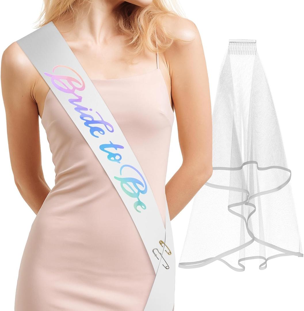 2 x Bride to Be Sash and Veil Lovely White Bride Sash Featuring Rainbow Letters, Soft Satin & Safety Pin, Flowing Cascading Veil with Secure Comb Unique Bachelorette Party Favors & Bridal Shower Gifts