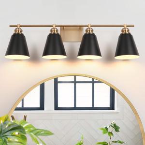 Black and Gold Vanity Light, 4-Light Farmhouse Bathroom Vanity Light Over Mirror with Metal Shade, 30 Inch Modern Bathroom Wall Sconce for Large Bathroom, Bedroom