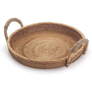 Rattan Round Fruit Basket for Table Wicker Bread Tray with Handle for Serving Food, Crackers, Snacks (11inch D x 1.8inch H) (Natural)