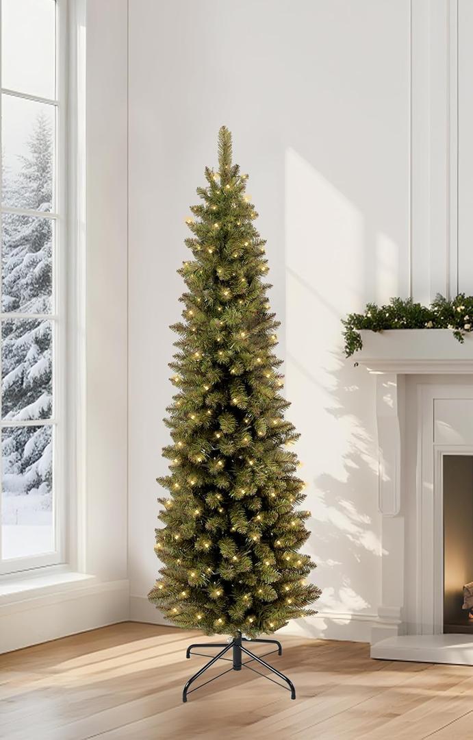 Annecy 4.5Ft Pre-Lit Fir Pencil Christmas Tree, Green Classic Artificial Slim Skinny Christmas Tree for Home, Office, Party Decoration w/ 310 Tips, 150 Warm White Lights,Metal Hinges&Base,Green 4.5 ft