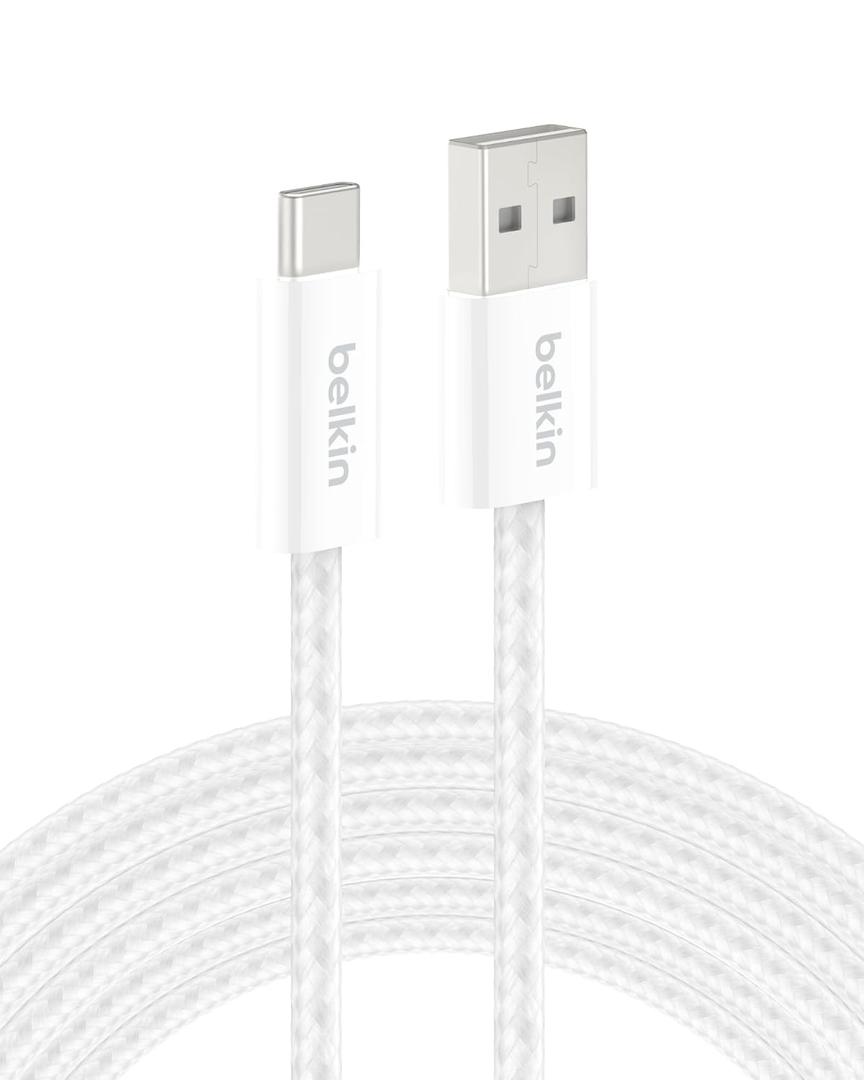Belkin USB A to USB C Cable, 9.9ft, 15W - Type C Charger, iPhone Charger Cord, Soft, Braided, Flexible for iPhone 17 & 16, Galaxy S25, Pixel 10, iPad Pro, Airpods Pro, Switch & More - White