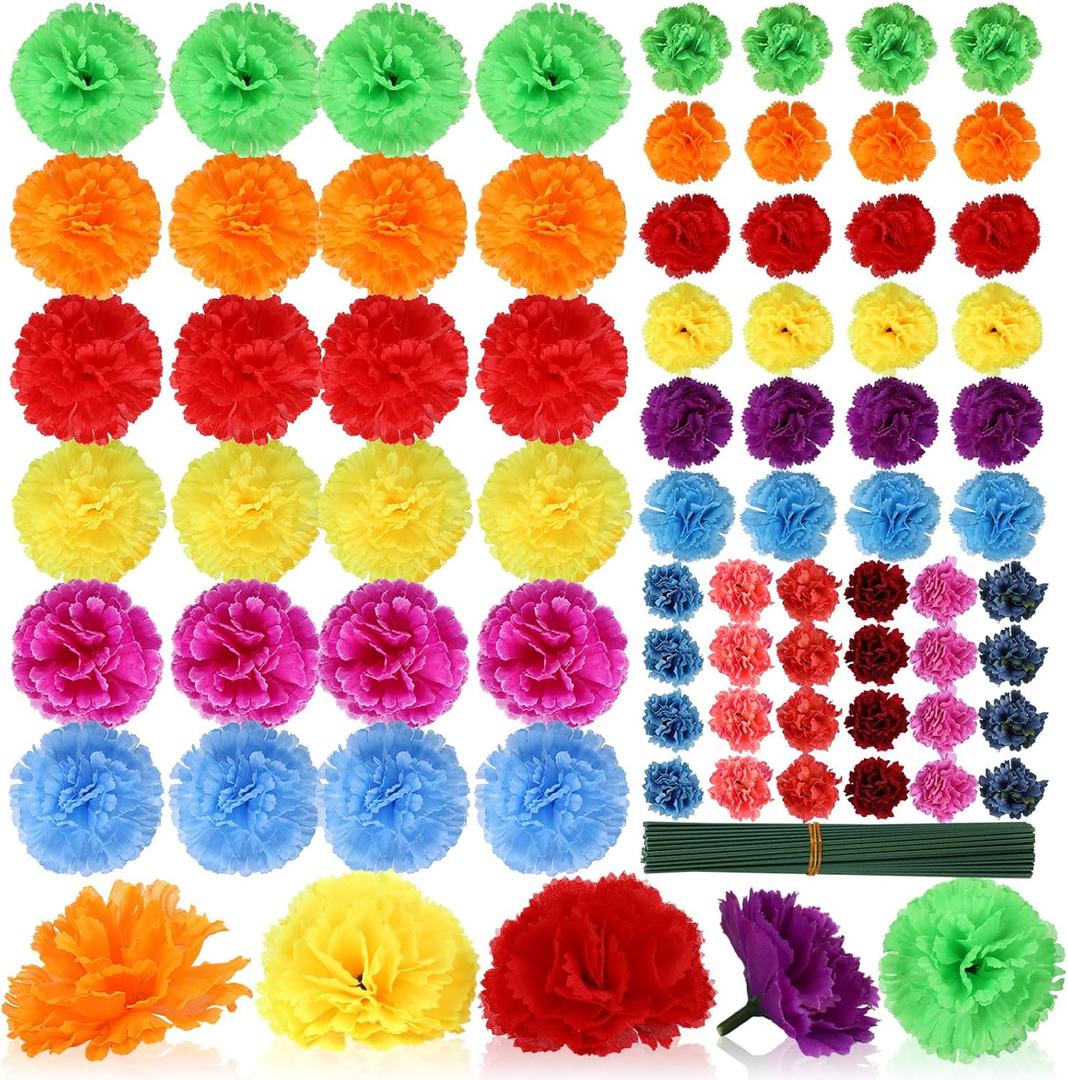 72 Pcs Marigold Flower Heads Bulk Day of The Dead Multicolor 1.2'' 2'' 3.5'' Silk Mexican Marigold Flowers with Stems DIY Garland Craft Supplies for Party Home Decor (Bright Color)