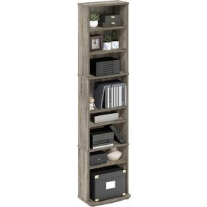 Furinno Jaya DVD Shelf, 8-Tier Tall Narrow CD Rack, Media Shelf with Adjustable Shelves, DVD Storage Cabinets for CD Blueray Game Disc, Easy Assembly, for Living Room, Home Office, French Oak