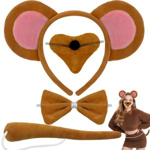 Mouse Costume with Brown Mouse Ears Headband, Tail, Nose & Bow Tie - Animal Dress Costume Kit Accessories for Halloween Cosplay Party Dress Up