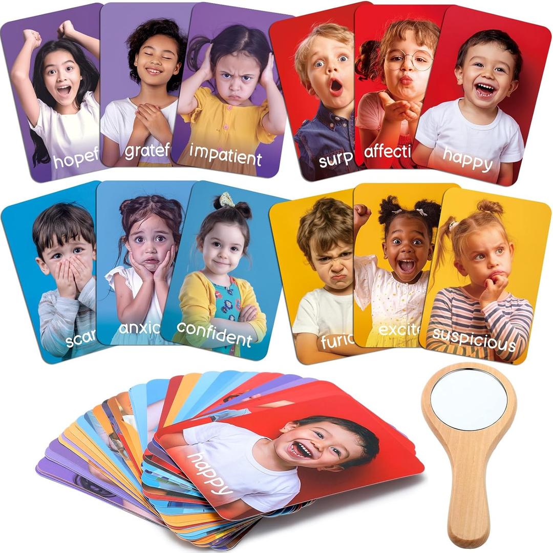 41 Pcs Emotions Flash Cards for Toddlers Feelings Therapy Materials Set Kids Social Skills Activities Emotional Games Autism Aba Speech Include 40 Pcs Communication Learning Cards and a Mirror