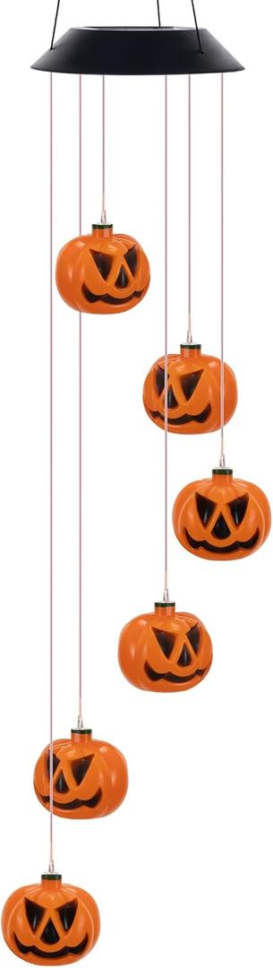 Halloween Solar Wind Chimes, Halloween Pumpkin Wind Chime, Solar Powered Color Changing Windchime for Outside, Waterproof Hanging LED Light Pumpkin Wind Chimes Gift for Porch Patio Yard Decor (Mad)