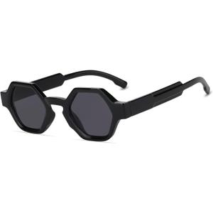 Hanj Small Square Sunglasses for Men Women Trendy Designer Hexagon Sun Glasses Classic Retro Shades (Black/Black)