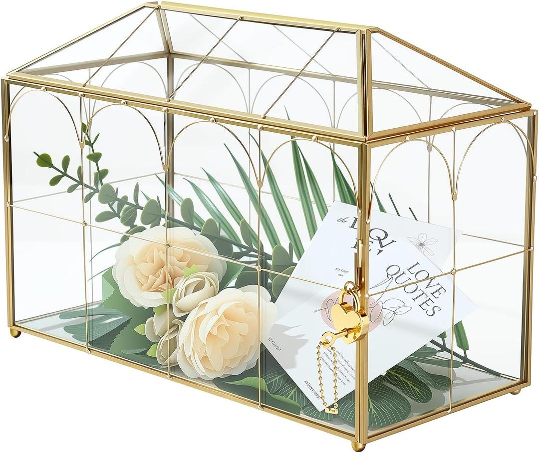 Glass Card Box with Slot, Large Gold Clear Card Box for Wedding Receptions - Home Birthdays Party Geometric Decorative, 12.59" x 5.9" x 9.05" (Gold)