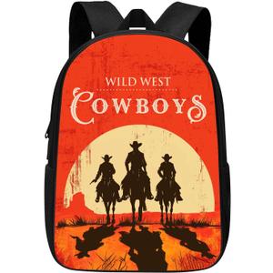 Cowboy Backpack Wild West Cool Cowboys Ride Horses School Backpack for Men Women Teens Kids, Westen Vintage Red Black Shoulders Backpack Outdoor Casual Travel Daypacks, 17 Inches