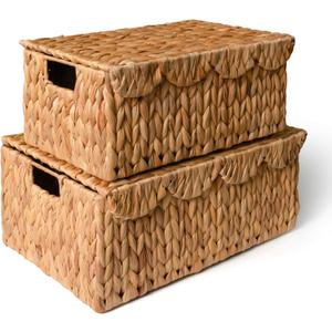 KOKODO Set of 2 Scalloped Wicker Baskets  Handwoven Rectangular Water Hyacinth Storage Baskets with Lid and Handles for Organizing, Living Room & Shelf Decor  Rattan Organizing Bins