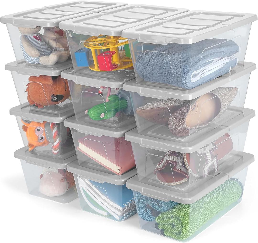 EOENVIVS Plastic Storage Bins with Lids, 12 Packs Set, Storage Boxes with Lids and Stackable Shoe Boxes For Organization, Clear Plastic Storage Containers For Closet Home Office, White